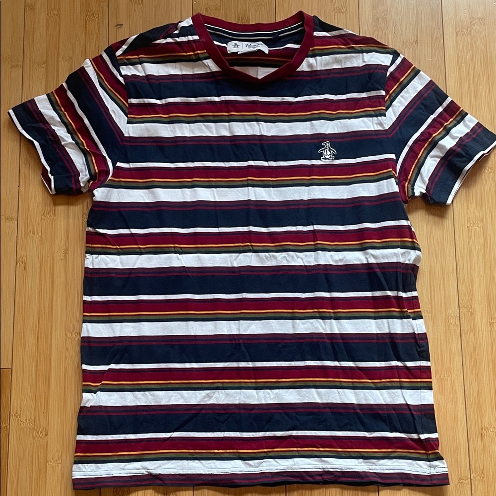 Original 80’s style Penguin Men's Striped Tee - Navy, Red, White 100% cotton